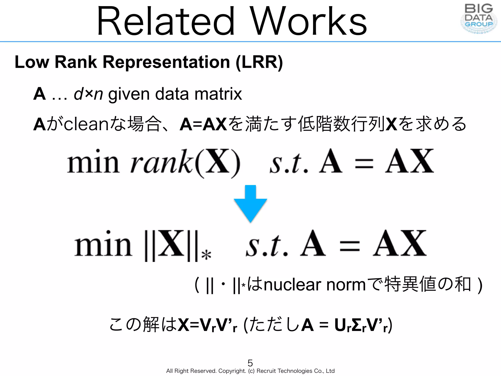 All Right Reserved. Copyright. (c) Recruit Technologies Co., Ltd
Related Works
Low Rank Representation (LRR)
A … d×n given data matrix
Aがcleanな場合、A=AXを満たす低階数行列Xを求める
( ||・||*はnuclear normで特異値の和 )
この解はX=VrV’r (ただしA = UrΣrV’r)
5
 