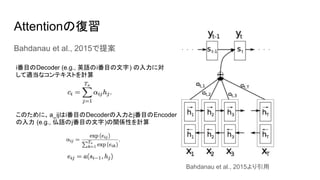 Attentionの復習
Bahdanau et al., 2015で提案
i番目のDecoder (e.g., 英語のi番目の文字) の入力に対
して適当なコンテキストを計算
このために、a_ijはi番目のDecoderの入力とj番目のEncoder
の入力 (e.g., 仏語のj番目の文字)の関係性を計算
Bahdanau et al., 2015より引用
 