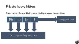Private heavy hitters
Ph ab le t$ Frequency > 𝛾
Each bi-gram frequency > 𝛾
Observation: If a word is frequent, its bigrams are frequent too.
 