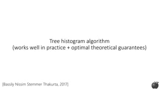 Tree histogram algorithm
(works well in practice + optimal theoretical guarantees)
[Bassily Nissim Stemmer Thakurta, 2017]
 
