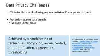 Data Privacy Challenges
• Minimize the risk of inferring any one individual’s compensation data
• Protection against data breach
• No single point of failure
Achieved by a combination of
techniques: encryption, access control,
, aggregation,
thresholding
K. Kenthapadi, A. Chudhary, and S.
Ambler, LinkedIn Salary: A System
for Secure Collection and
Presentation of Structured
Compensation Insights to Job
Seekers, IEEE PAC 2017
(arxiv.org/abs/1705.06976)
 