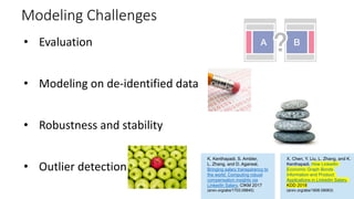 Modeling Challenges
• Evaluation
• Modeling on de-identified data
• Robustness and stability
• Outlier detection
X. Chen, Y. Liu, L. Zhang, and K.
Kenthapadi, How LinkedIn
Economic Graph Bonds
Information and Product:
Applications in LinkedIn Salary,
KDD 2018
(arxiv.org/abs/1806.09063)
K. Kenthapadi, S. Ambler,
L. Zhang, and D. Agarwal,
Bringing salary transparency to
the world: Computing robust
compensation insights via
LinkedIn Salary, CIKM 2017
(arxiv.org/abs/1703.09845)
 