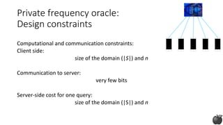 Private frequency oracle:
Design constraints
Computational and communication constraints:
Client side:
size of the domain (|S|) and n
Communication to server:
very few bits
Server-side cost for one query:
size of the domain (|S|) and n
 