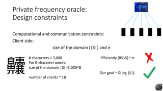 Private frequency oracle:
Design constraints
Computational and communication constraints:
Client side:
size of the domain (|S|) and n
# characters > 3,000
For 8-character words:
size of the domain |S|=3,000^8
number of clients ~ 1B
Efficiently [BS15] ~ n
Our goal ~ O(log |S|)
 