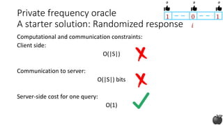 Computational and communication constraints:
Client side:
O(|S|)
Communication to server:
O(|S|) bits
Server-side cost for one query:
O(1)
Private frequency oracle
A starter solution: Randomized response
1 0 1
𝑖
 