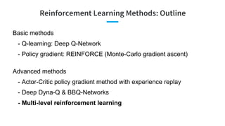 Reinforcement Learning Methods: Outline
Basic methods
- Q-learning: Deep Q-Network
- Policy gradient: REINFORCE (Monte-Car...