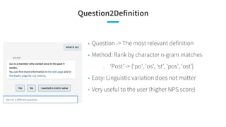 Question2Definition
• Question -> The most relevant definition
• Method: Rank by character n-gram matches
○ ‘Post’ -> {‘po...