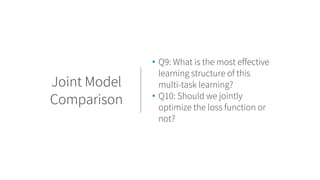 • Q9: What is the most effective
learning structure of this
multi-task learning?
• Q10: Should we jointly
optimize the los...