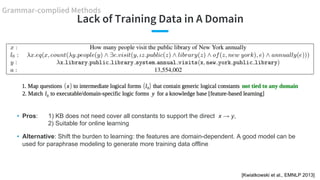 Lack of Training Data in A Domain
• Pros: 1) KB does not need cover all constants to support the direct x → y,
2) Suitable...