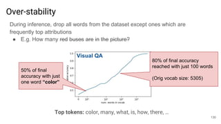 During inference, drop all words from the dataset except ones which are
frequently top attributions
● E.g. How many red buses are in the picture?
130
Top tokens: color, many, what, is, how, there, …
Visual QA
Over-stability
80% of final accuracy
reached with just 100 words
(Orig vocab size: 5305)
50% of final
accuracy with just
one word “color”
 