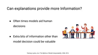Can explanations provide more Information?
● Often times models aid human
decisions
● Extra bits of information other than
model decision could be valuable
*Zachary Lipton, et al. The Mythos of Model Interpretability ICML 2016
 