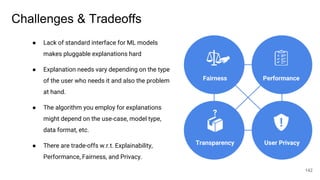 Challenges & Tradeoffs
142
User PrivacyTransparency
Fairness Performance
?
● Lack of standard interface for ML models
makes pluggable explanations hard
● Explanation needs vary depending on the type
of the user who needs it and also the problem
at hand.
● The algorithm you employ for explanations
might depend on the use-case, model type,
data format, etc.
● There are trade-offs w.r.t. Explainability,
Performance, Fairness, and Privacy.
 