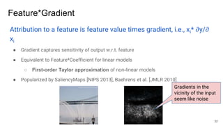 Feature*Gradient
Attribution to a feature is feature value times gradient, i.e., xi* 𝜕y/𝜕
xi
● Gradient captures sensitivity of output w.r.t. feature
● Equivalent to Feature*Coefficient for linear models
○ First-order Taylor approximation of non-linear models
● Popularized by SaliencyMaps [NIPS 2013], Baehrens et al. [JMLR 2010]
32
Gradients in the
vicinity of the input
seem like noise
 
