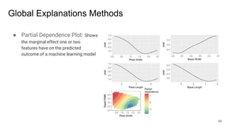 Global Explanations Methods
● Partial Dependence Plot: Shows
the marginal effect one or two
features have on the predicted
outcome of a machine learning model
68
 