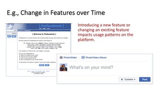 E.g., Change in Features over Time
Introducing a new feature or
changing an existing feature
impacts usage patterns on the
platform.
 