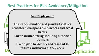 Design Data Model Application
Best Practices for Bias Avoidance/Mitigation
Post-Deployment
Ensure optimization and guardrail metrics
consistent w/responsible practices and avoid
harms
Continual monitoring, including customer
feedback
Have a plan to identify and respond to
failures and harms as they occur
 