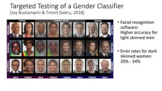 Targeted Testing of a Gender Classifier
[Joy Buolamwini & Timnit Gebru, 2018]
• Facial recognition
software:
Higher accuracy for
light skinned men
• Error rates for dark
skinned women:
20% - 34%
 
