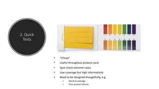 2. Quick
Tests
• "Cheap"
• Useful throughout product cycle
• Spot check extreme cases
• Low coverage but high informativity
• Need to be designed thoughtfully, e.g.
• World knowledge
• Prior product failures
 