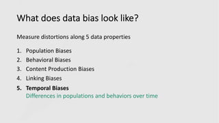 What does data bias look like?
Measure distortions along 5 data properties
1. Population Biases
2. Behavioral Biases
3. Content Production Biases
4. Linking Biases
5. Temporal Biases
Differences in populations and behaviors over time
 