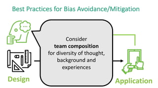 Design Data Model Application
Best Practices for Bias Avoidance/Mitigation
Consider
team composition
for diversity of thou...