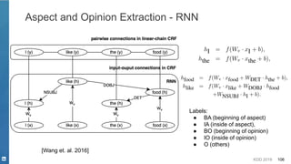 KDD 2019 106
Aspect and Opinion Extraction - RNN
[Wang et. al. 2016]
Labels:
● BA (beginning of aspect)
● IA (inside of aspect),
● BO (beginning of opinion)
● IO (inside of opinion)
● O (others)
 