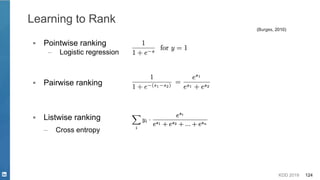 KDD 2019 124
Learning to Rank
▪ Pointwise ranking
– Logistic regression
(Burges, 2010)
▪ Pairwise ranking
▪ Listwise ranking
– Cross entropy
 
