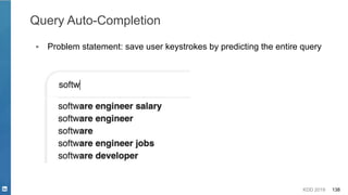 KDD 2019 138
Query Auto-Completion
▪ Problem statement: save user keystrokes by predicting the entire query
 