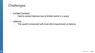 KDD 2019 139
Challenges
▪ Limited Context
– Hard to extract features due to limited words in a query
▪ Latency
– The search component with most strict requirement on latency
 