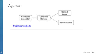 KDD 2019 140
Agenda
Candidate
Generation
Candidate
Ranking
Context
aware
Personalization
Traditional methods
 