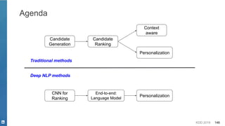 KDD 2019 146
Agenda
Candidate
Generation
Candidate
Ranking
Context
aware
Personalization
Deep NLP methods
CNN for
Ranking
End-to-end:
Language Model
Personalization
Traditional methods
 