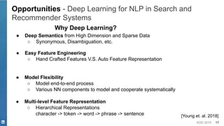 KDD 2019 17
Opportunities - Deep Learning for NLP in Search and
Recommender Systems
Why Deep Learning?
● Deep Semantics from High Dimension and Sparse Data
○ Synonymous, Disambiguation, etc.
● Easy Feature Engineering
○ Hand Crafted Features V.S. Auto Feature Representation
● Model Flexibility
○ Model end-to-end process
○ Various NN components to model and cooperate systematically
● Multi-level Feature Representation
○ Hierarchical Representations
character -> token -> word -> phrase -> sentence [Young et. al. 2018]
 