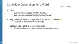 KDD 2019 172
Candidate Generation for a Word
(Whitelaw et al 2009)
▪ Goal:
– given “tumblw”, suggest “tumblr”, “tumble”...
– given “tumblr”, suggest “tumble”, but not “tumblw”
▪ Key challenge: what is a legit word? (“tumblr” 👍 “tumblw” 👎)
– Coverage of a dictionary is not enough
▪ Solution: use statistics in web noisy data
– Correct words appear more frequent than incorrect words
 
