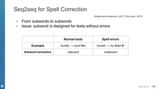 KDD 2019 178
Seq2seq for Spell Correction
▪ From subwords to subwords
▪ Issue: subword is designed for texts without errors
(Ghosh and Kristensson, 2017, Zhou et al., 2017)
Normal texts
Example hunter → hunt #er
Subword semantics relevant
Spell errors
hunetr → hu #net #r
irrelevant
 