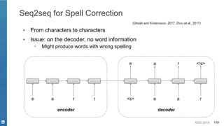 KDD 2019 179
Seq2seq for Spell Correction
▪ From characters to characters
(Ghosh and Kristensson, 2017, Zhou et al., 2017)
encoder decoder
e a <s> e a
e a r
r r r
</s>
▪ Issue: on the decoder, no word information
▪ Might produce words with wrong spelling
 