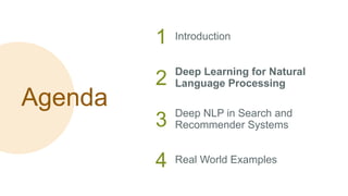 Agenda
1 Introduction
2 Deep Learning for Natural
Language Processing
3 Deep NLP in Search and
Recommender Systems
4 Real World Examples
 