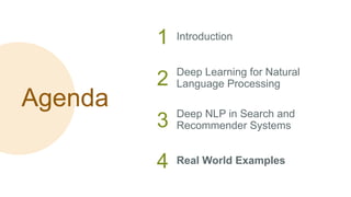 Agenda
1 Introduction
2 Deep Learning for Natural
Language Processing
3 Deep NLP in Search and
Recommender Systems
4 Real World Examples
 
