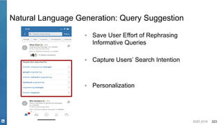 KDD 2019 223
Natural Language Generation: Query Suggestion
▪ Save User Effort of Rephrasing
Informative Queries
▪ Capture Users’ Search Intention
▪ Personalization
 