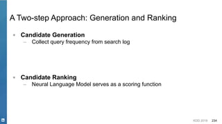 KDD 2019 234
A Two-step Approach: Generation and Ranking
▪ Candidate Generation
– Collect query frequency from search log
▪ Candidate Ranking
– Neural Language Model serves as a scoring function
 