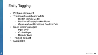 KDD 2019 44
Entity Tagging
▪ Problem statement
▪ Traditional statistical models
– Hidden Markov Model
– Maximum Entropy Markov Model
– (Semi-Markov) Conditional Random Field
▪ Deep learning models
– Input layer
– Context layer
– Decoder layer
▪ Training dataset
▪ Evaluation
 