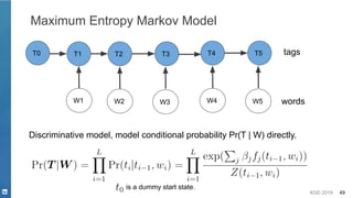 KDD 2019 49
Maximum Entropy Markov Model
Discriminative model, model conditional probability Pr(T | W) directly.
T1 T2 T3
W1 W2 W3
tags
words
T4 T5
W4 W5
is a dummy start state.
T0
 