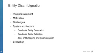 KDD 2019 72
Entity Disambiguation
▪ Problem statement
▪ Motivation
▪ Challenges
▪ System architecture
– Candidate Entity Generation
– Candidate Entity Selection
– Joint entity tagging and disambiguation
▪ Evaluation
 