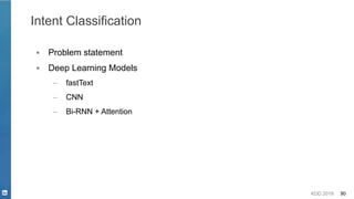 KDD 2019 90
Intent Classification
▪ Problem statement
▪ Deep Learning Models
– fastText
– CNN
– Bi-RNN + Attention
 