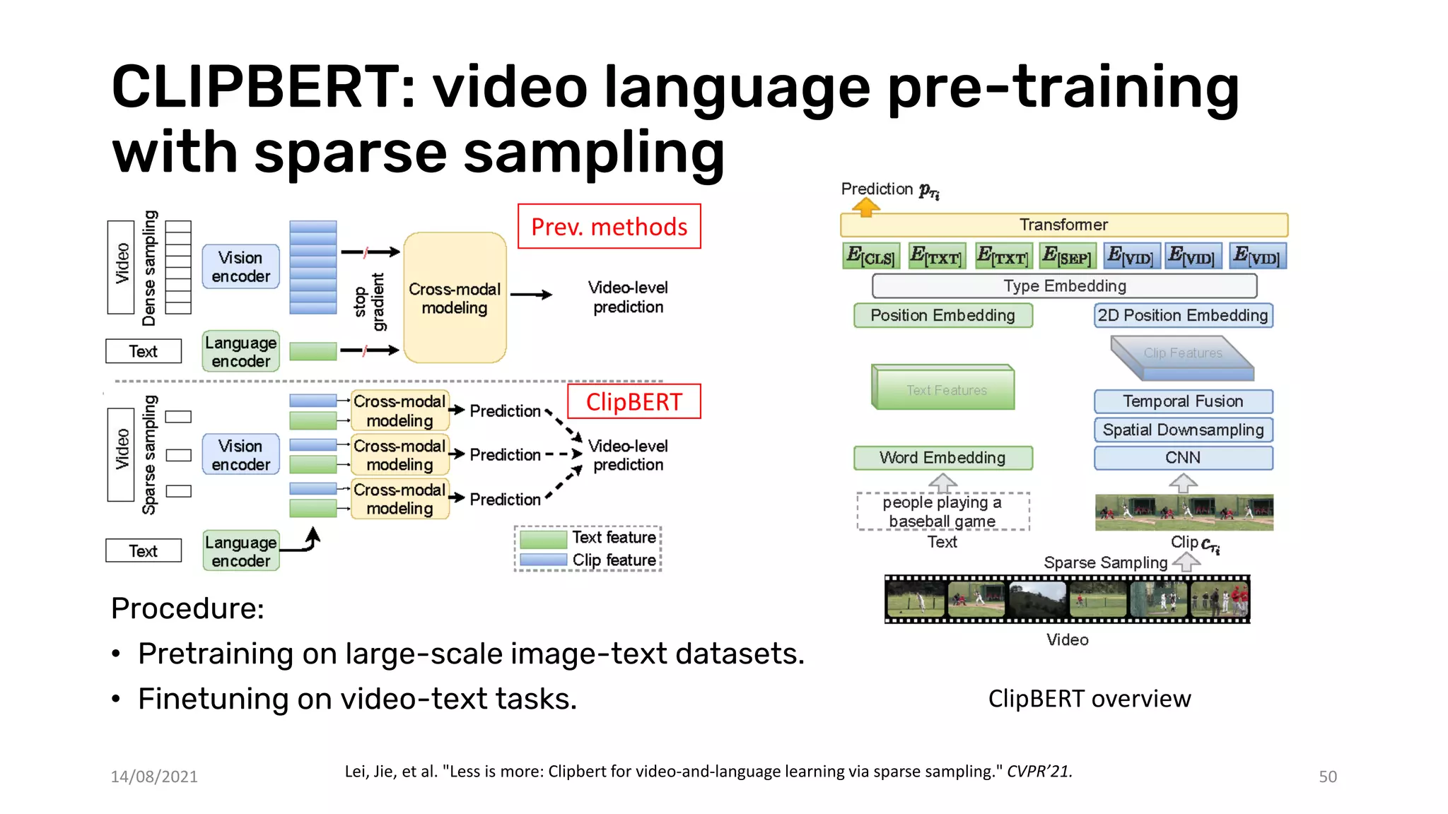 CLIPBERT: video language pre-training
with sparse sampling
50
Lei, Jie, et al. "Less is more: Clipbert for video-and-language learning via sparse sampling." CVPR’21.
ClipBERT
Prev. methods
ClipBERT overview
Procedure:
• Pretraining on large-scale image-text datasets.
• Finetuning on video-text tasks.
14/08/2021
 