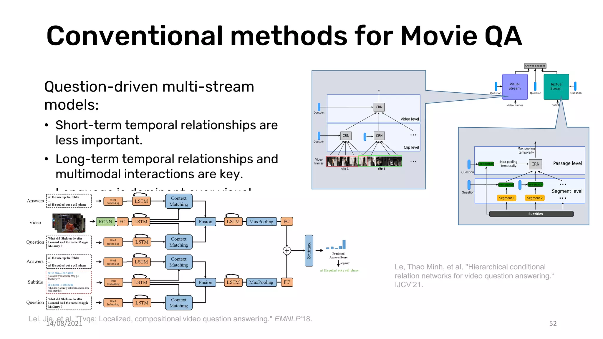 Conventional methods for Movie QA
52
Question-driven multi-stream
models:
• Short-term temporal relationships are
less important.
• Long-term temporal relationships and
multimodal interactions are key.
• Language is dominant over visual
counterpart.
Le, Thao Minh, et al. "Hierarchical conditional
relation networks for video question answering.“
IJCV’21.
Lei, Jie, et al. "Tvqa: Localized, compositional video question answering." EMNLP’18.
14/08/2021
 