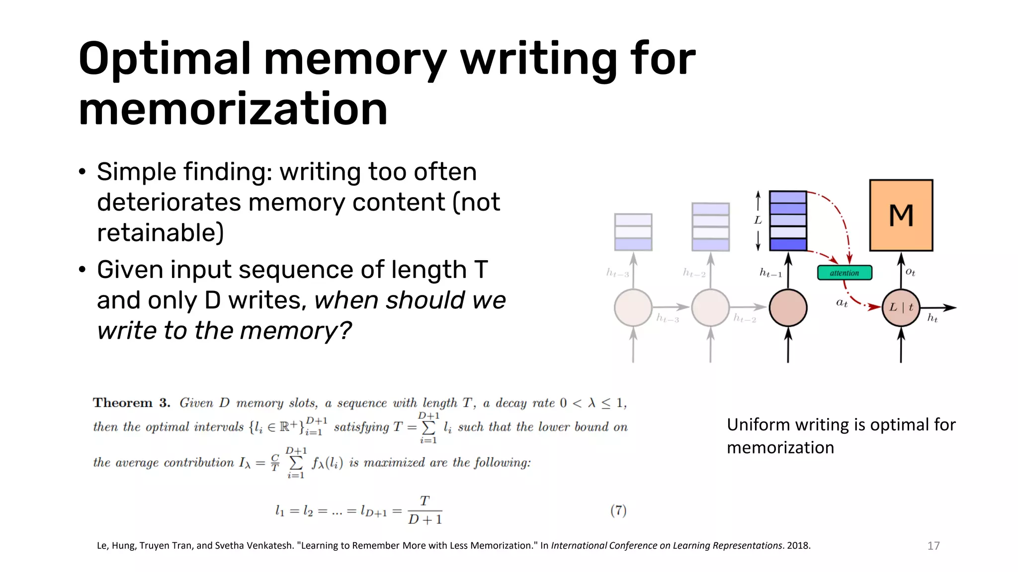 Optimal memory writing for
memorization
• Simple finding: writing too often
deteriorates memory content (not
retainable)
• Given input sequence of length T
and only D writes, when should we
write to the memory?
17
Le, Hung, Truyen Tran, and Svetha Venkatesh. "Learning to Remember More with Less Memorization." In International Conference on Learning Representations. 2018.
Uniform writing is optimal for
memorization
 