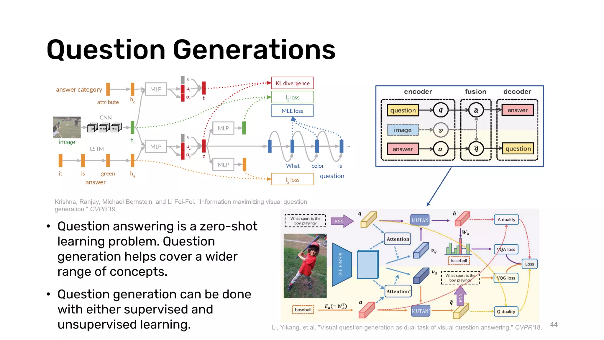 Question Generations
44
Li, Yikang, et al. "Visual question generation as dual task of visual question answering." CVPR’18.
Krishna, Ranjay, Michael Bernstein, and Li Fei-Fei. "Information maximizing visual question
generation." CVPR’19.
• Question answering is a zero-shot
learning problem. Question
generation helps cover a wider
range of concepts.
• Question generation can be done
with either supervised and
unsupervised learning.
 