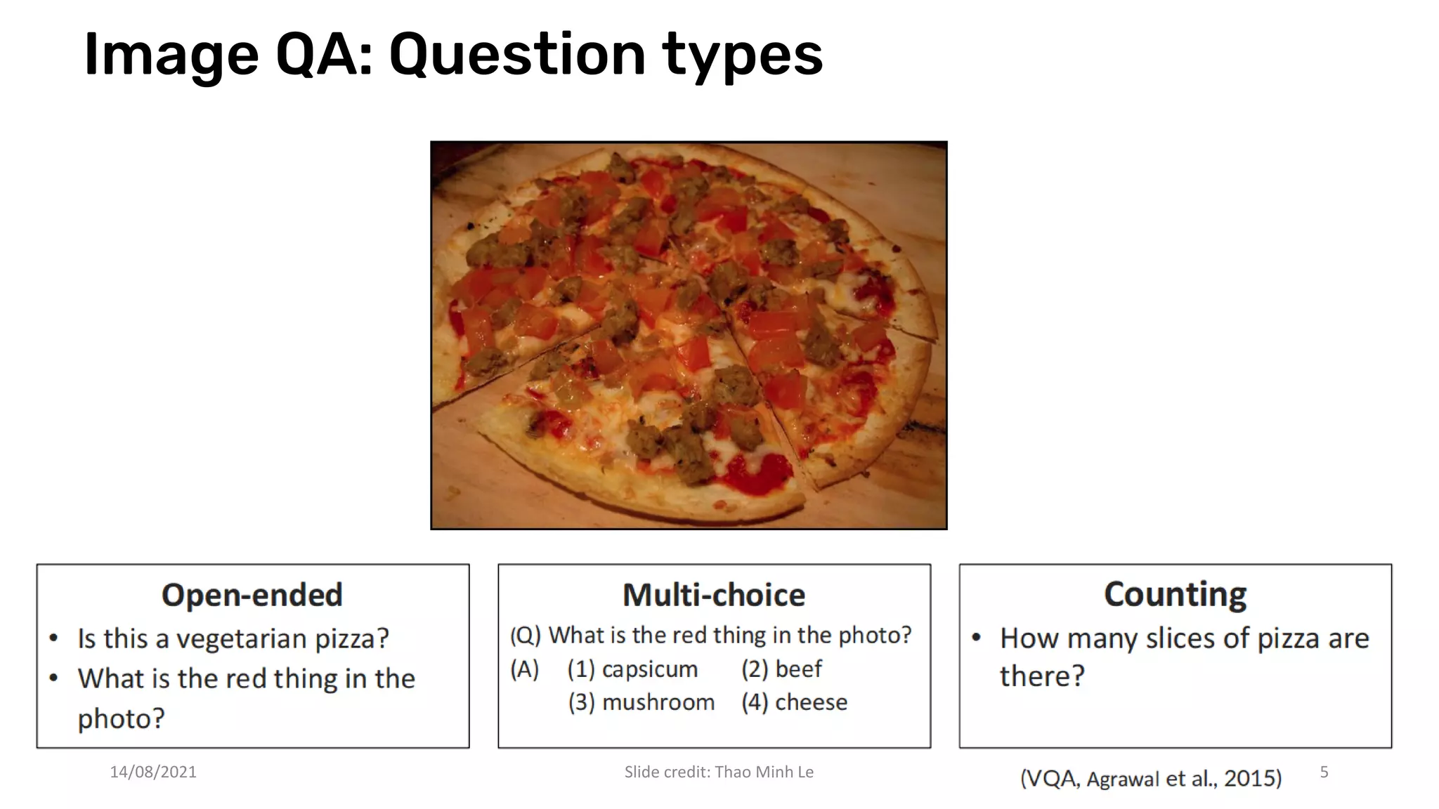 Image QA: Question types
14/08/2021 Slide credit: Thao Minh Le 5
 
