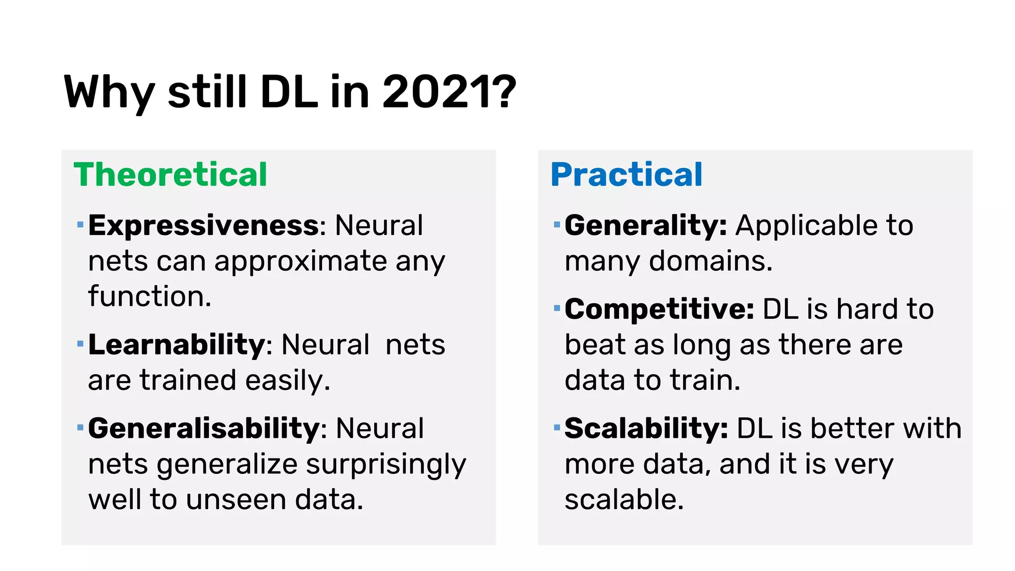 Why still DL in 2021?
Theoretical
Expressiveness: Neural
nets can approximate any
function.
Learnability: Neural nets
are trained easily.
Generalisability: Neural
nets generalize surprisingly
well to unseen data.
Practical
Generality: Applicable to
many domains.
Competitive: DL is hard to
beat as long as there are
data to train.
Scalability: DL is better with
more data, and it is very
scalable.
 