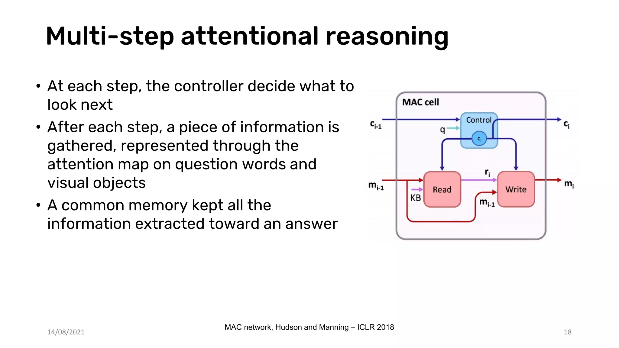 Multi-step attentional reasoning
• At each step, the controller decide what to
look next
• After each step, a piece of information is
gathered, represented through the
attention map on question words and
visual objects
• A common memory kept all the
information extracted toward an answer
14/08/2021
MAC network, Hudson and Manning – ICLR 2018
18
 