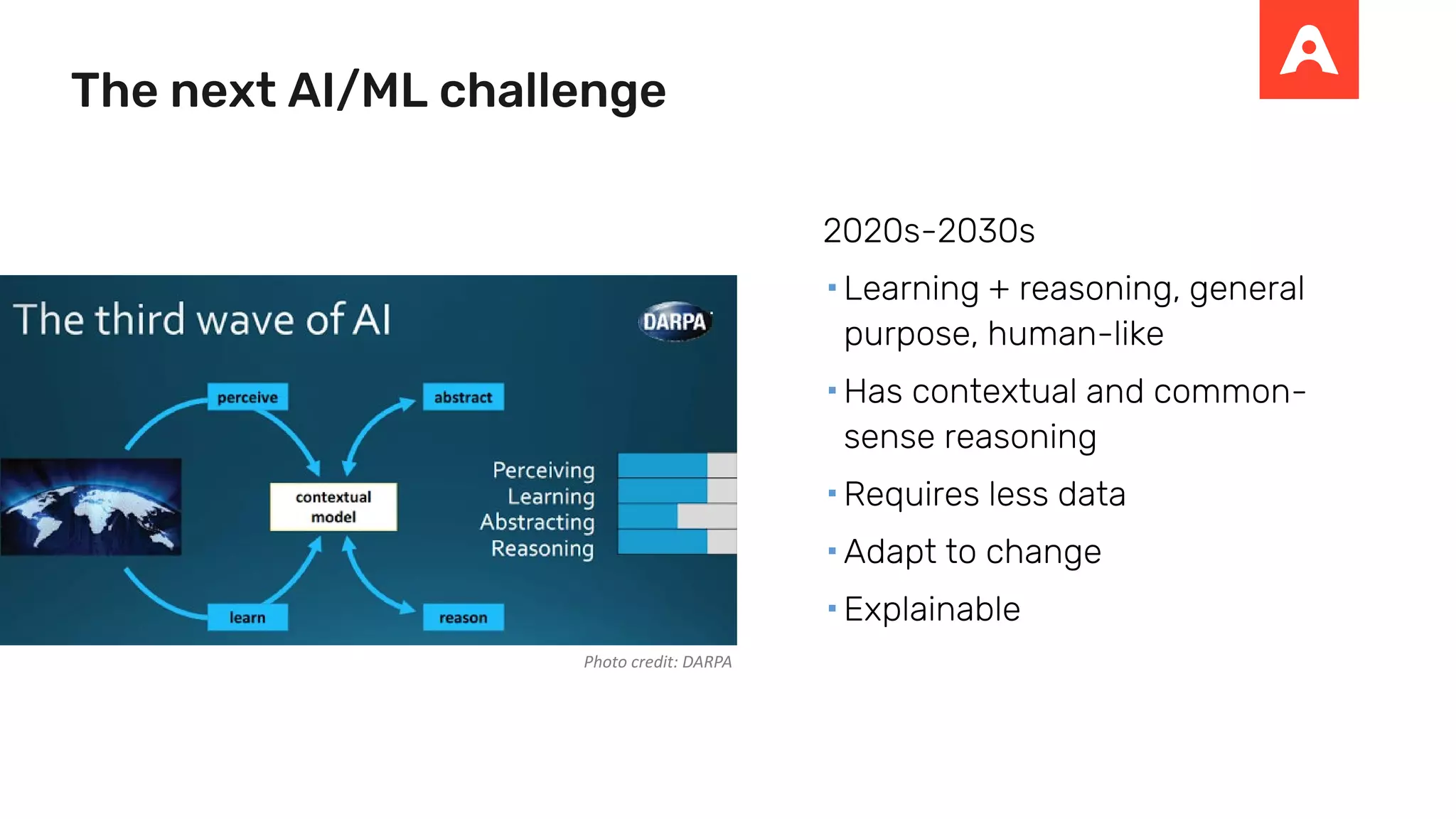 The next AI/ML challenge
2020s-2030s
 Learning + reasoning, general
purpose, human-like
 Has contextual and common-
sense reasoning
 Requires less data
 Adapt to change
 Explainable
Photo credit: DARPA
 